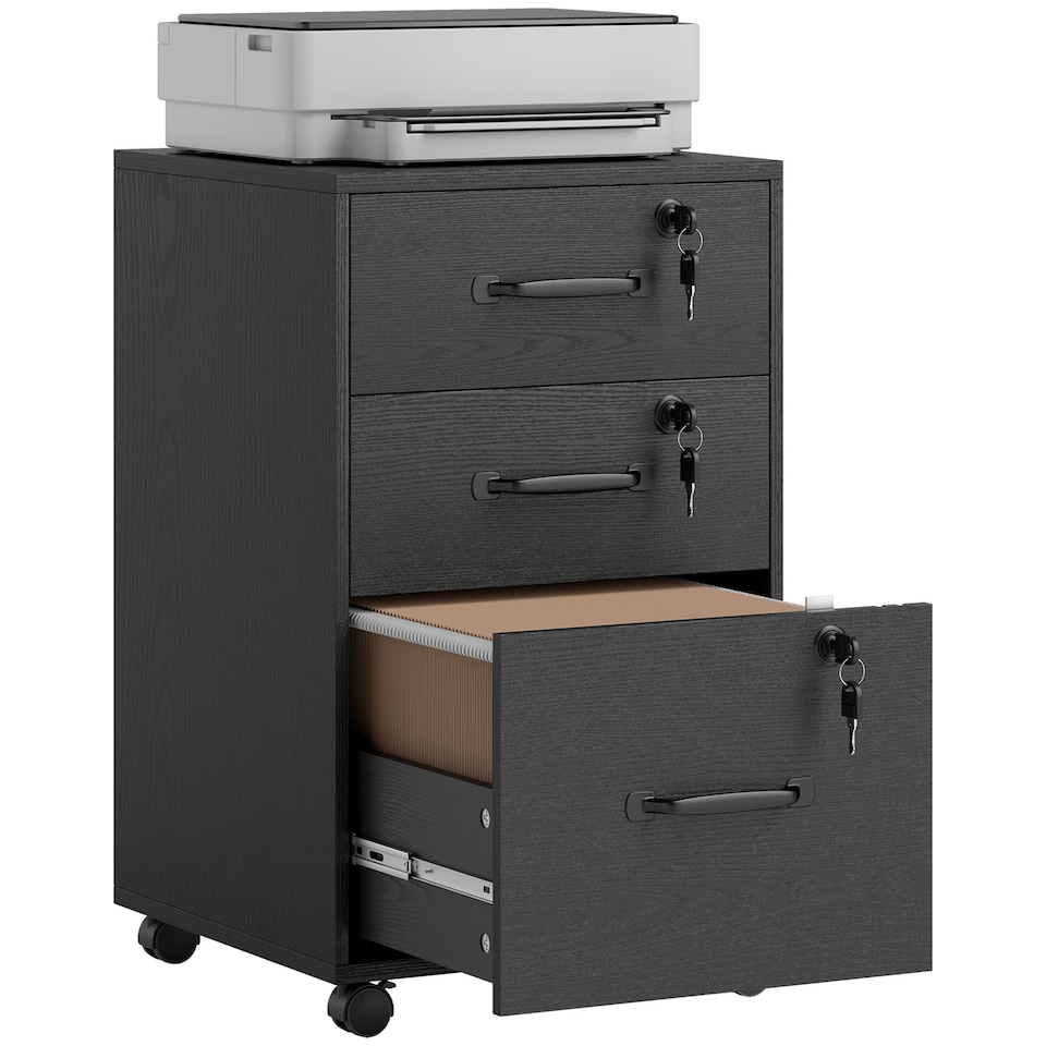 image 1 of HOMCOM Mobile Filing Cabinet with 3 Drawers and Wheels, Lockable Rolling Under Desk Drawers for A4 and Letter Sized Hanging File Holders, Printer Stand for Home Office, Black | Black | Black