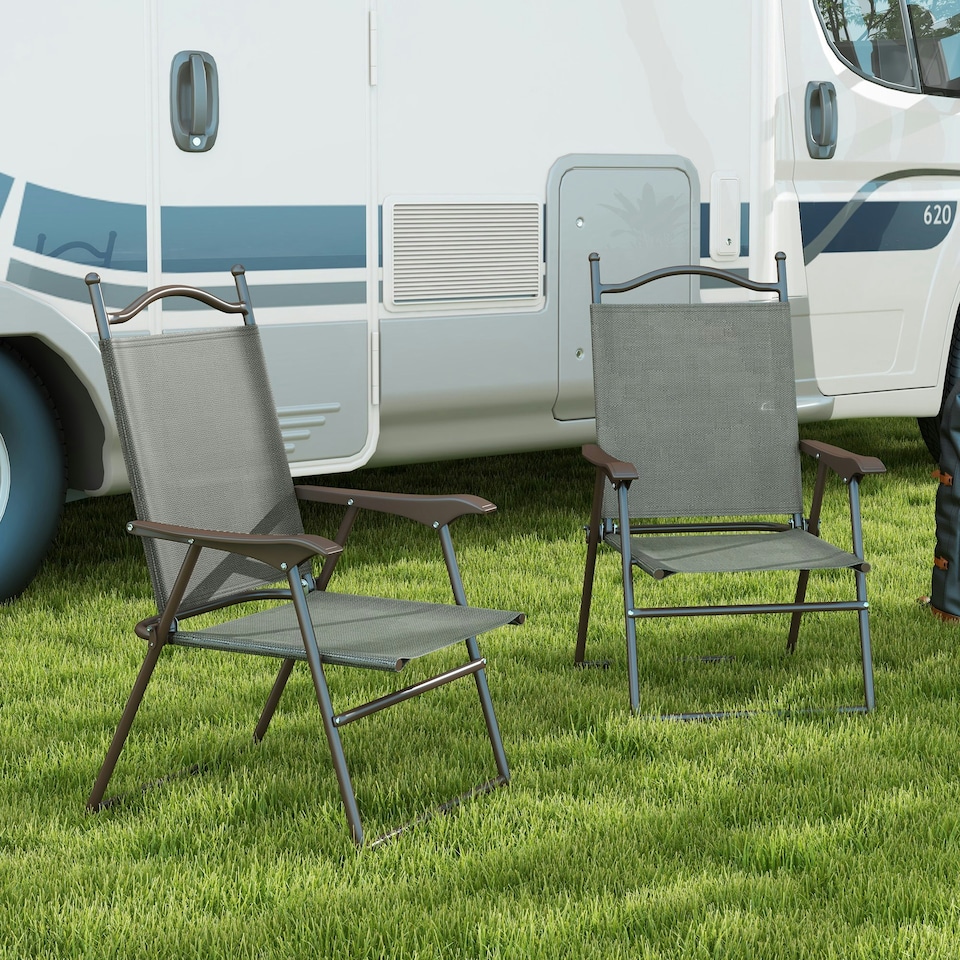 image 1 of Outsunny Folding Chairs Set, Breathable Mesh Fabric Seat, Dark Grey