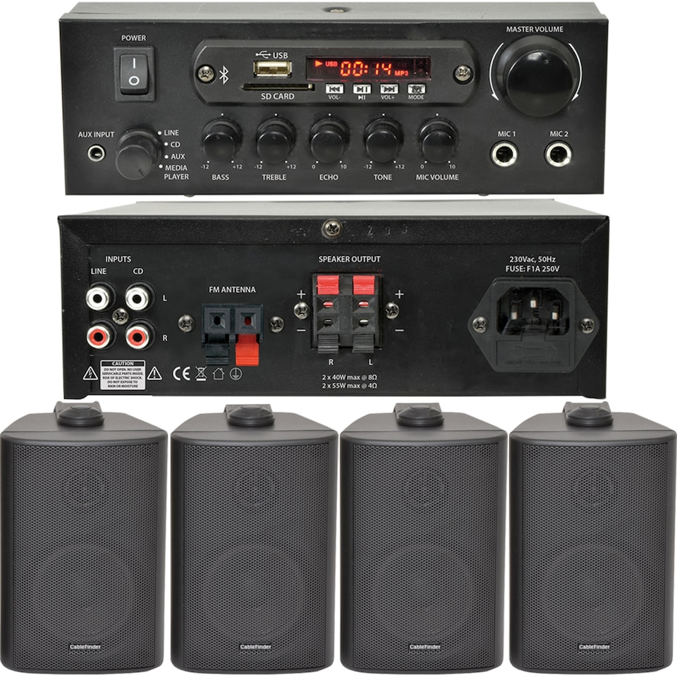 image 1 of Home Bluetooth Speaker System - 4x Black Wall Speakers & Amplifier Set - Background Music Wireless