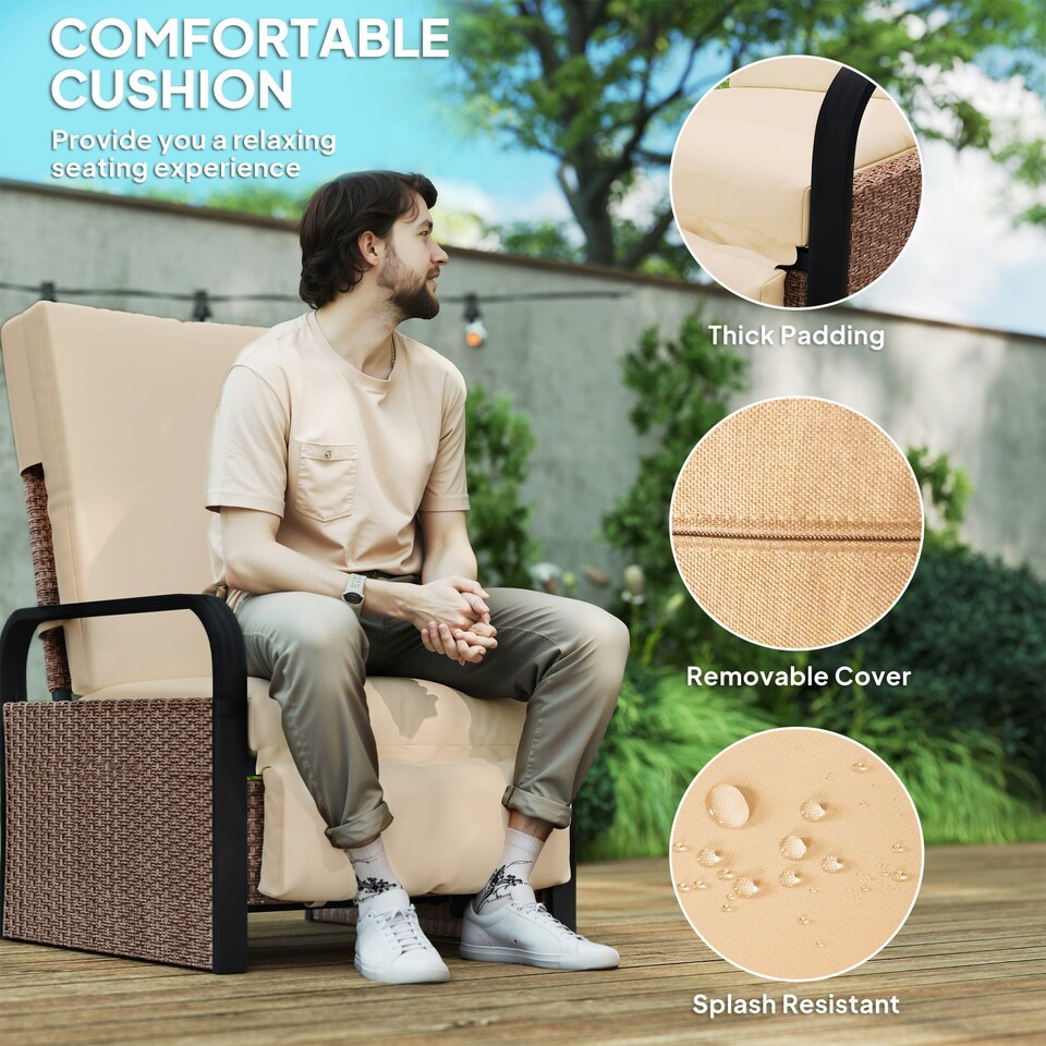 image 1 of Outsunny Rattan Garden Recliner Chair Sun Lounger w/ Side Tray Brown