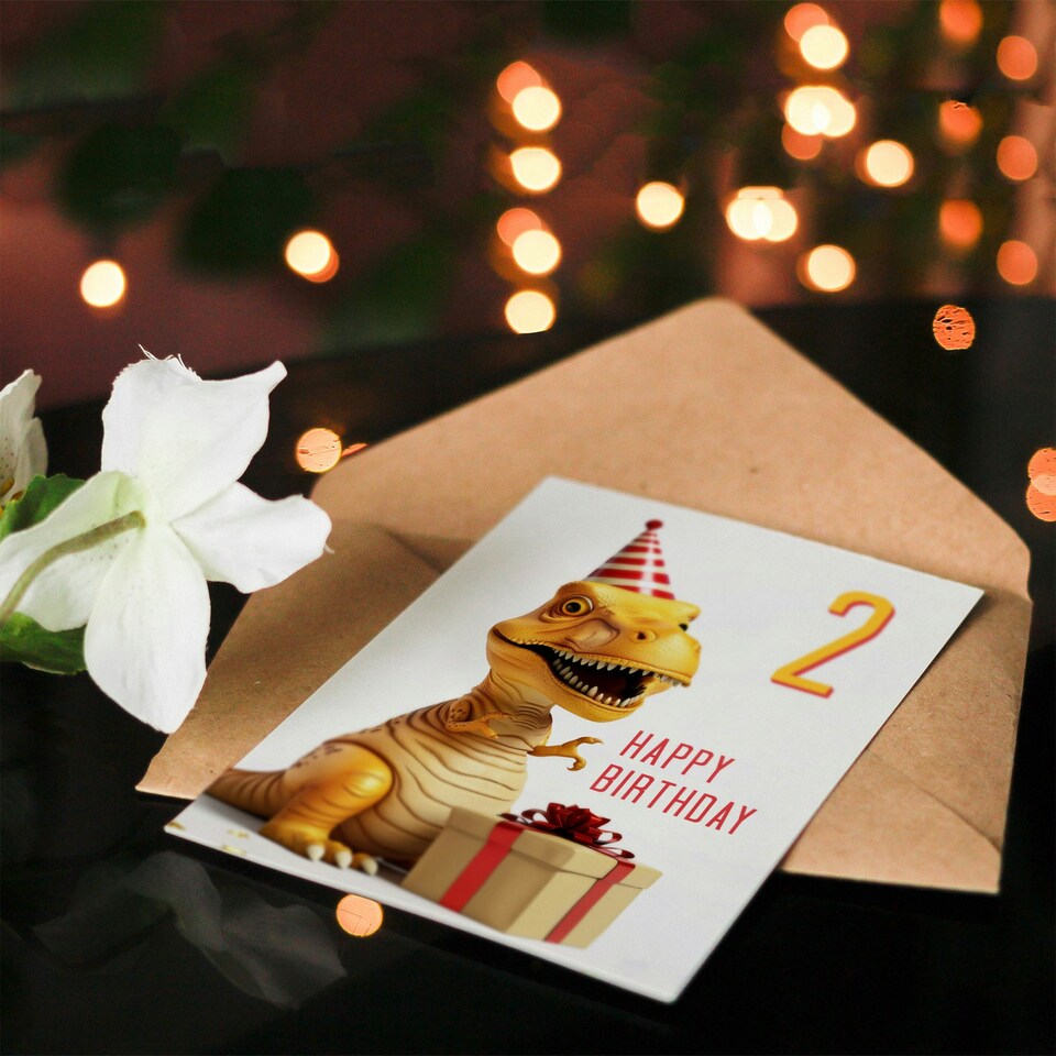 image 1 of T-Rex Dinosaur Party Hat Kids Age 2 Year Old Child Kids 2nd Birthday Card