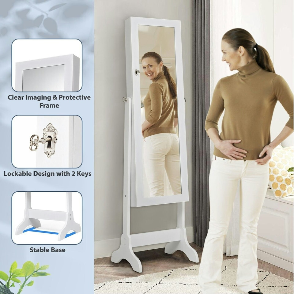 image 1 of COSTWAY Freestanding Jewelry Cabinet Lockable Armoire w/Mirror White