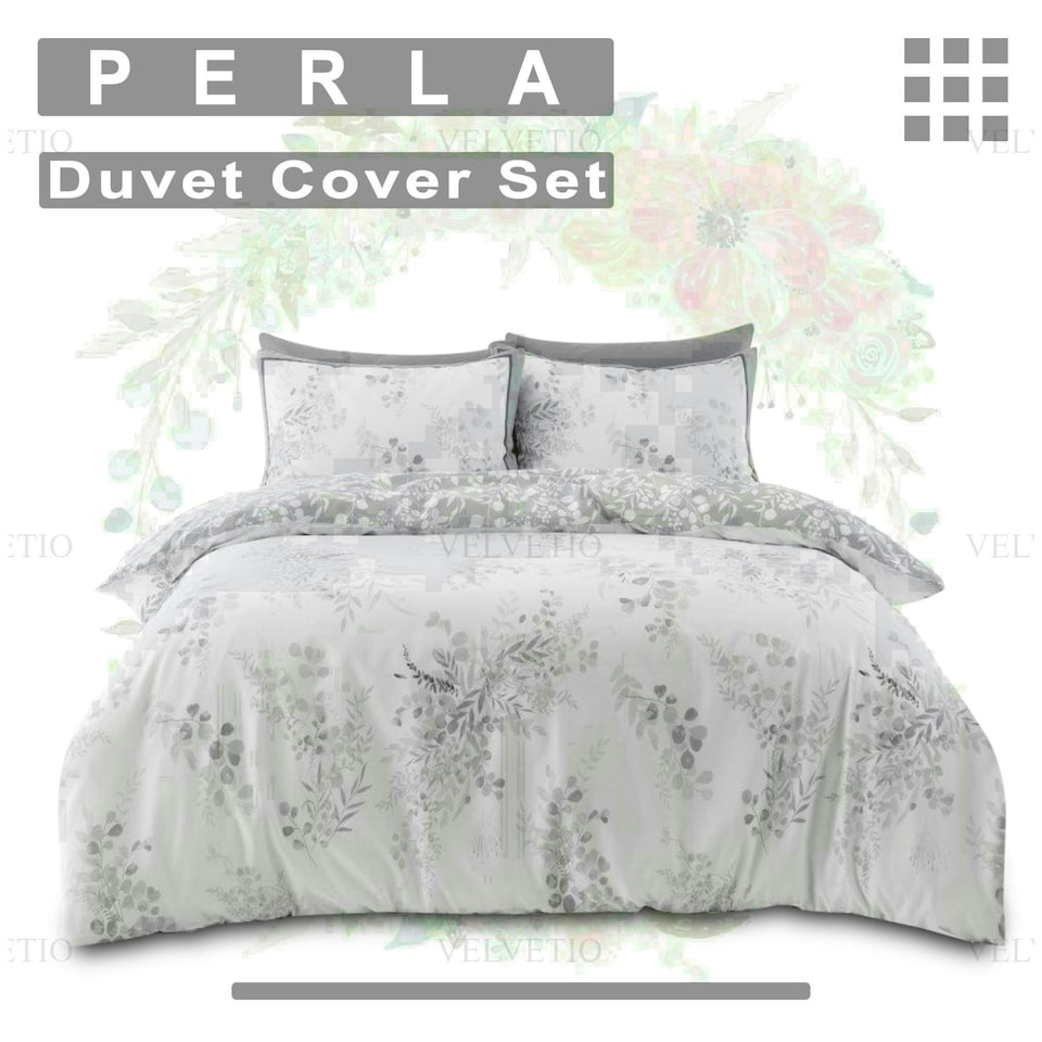 image 1 of Perla Floral Printed Duvet Cover Set Reversible Polycotton Beddings Grey | Double