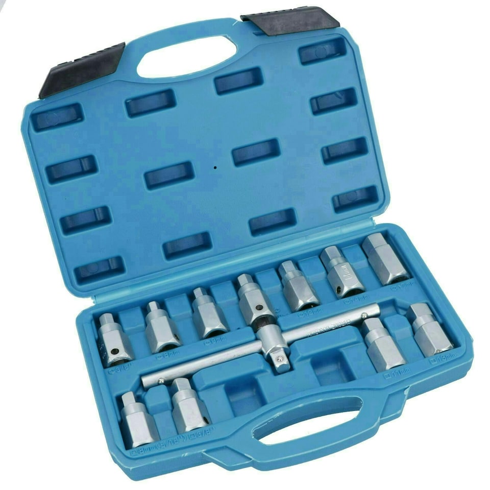 image 1 of 12pc Oil Drain Plug Key Set For Gear Boxes Back Axles Gearbox Hex + Square Bits
