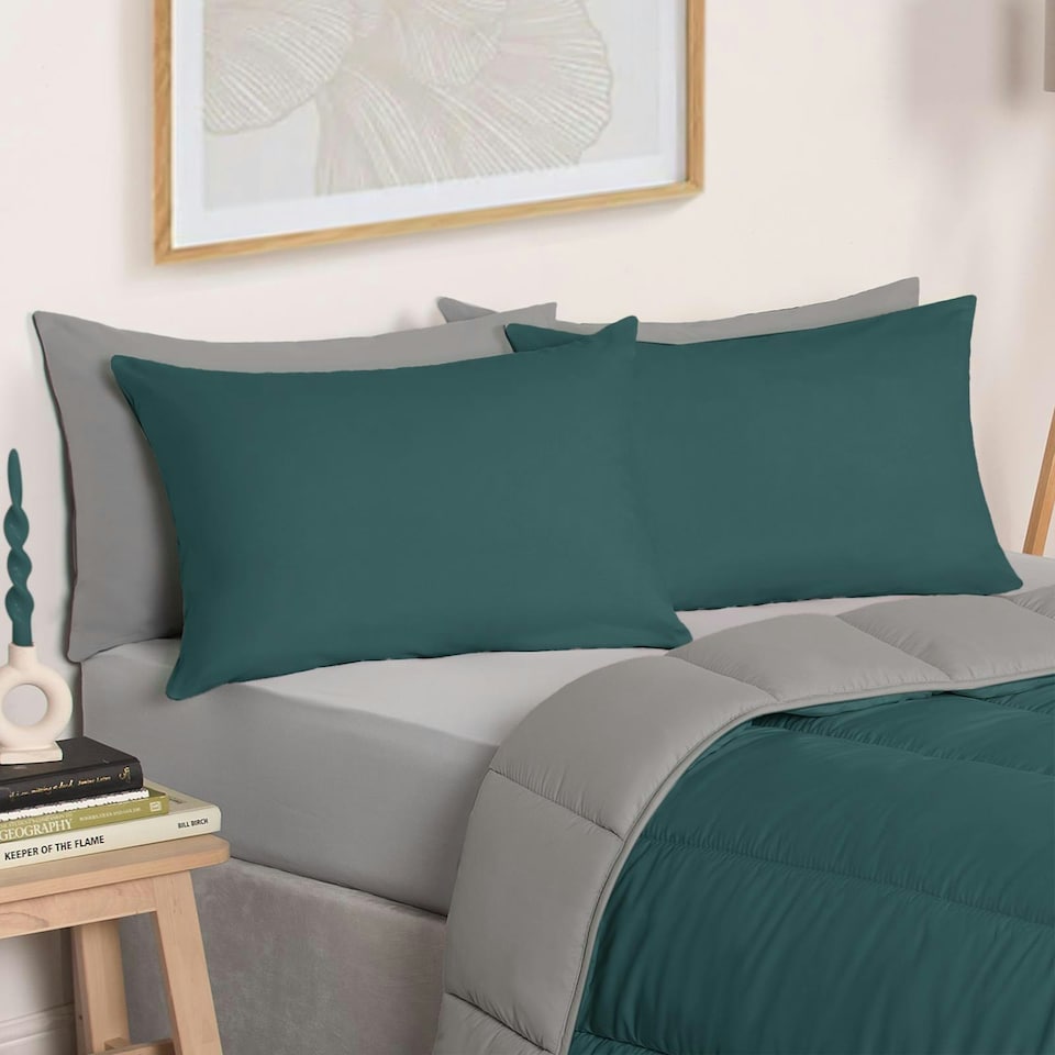 image 1 of OHS Coverless Reversible 10.5 Tog Duvet And Pillowcase Bedding Set, Single - Teal/Grey | Multi | Teal and Grey | Single