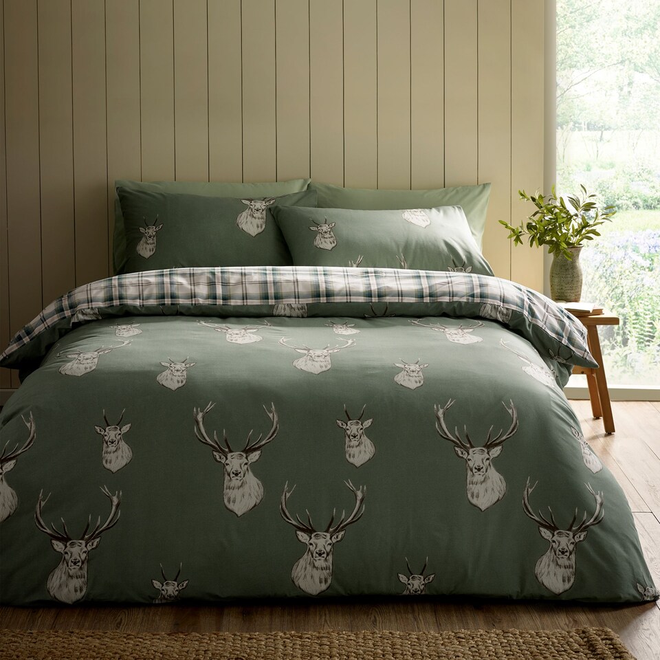 image 1 of Catherine Lansfield Stag Check Reversible Duvet Cover Set