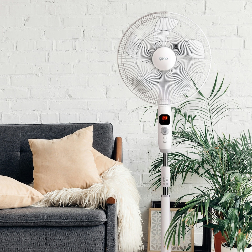 image 1 of Igenix DF1670 Digital Pedestal Fan, 16 Inch, Ultra Quiet, 12 speeds LED Display, White