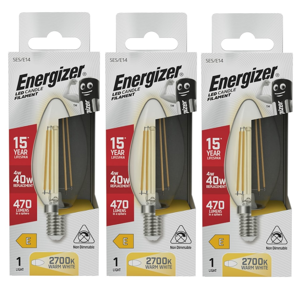 image 1 of Energizer LED Filament Candle E14 470lm 4W 2700K (Warm White) Light Bulb - Pack of 3