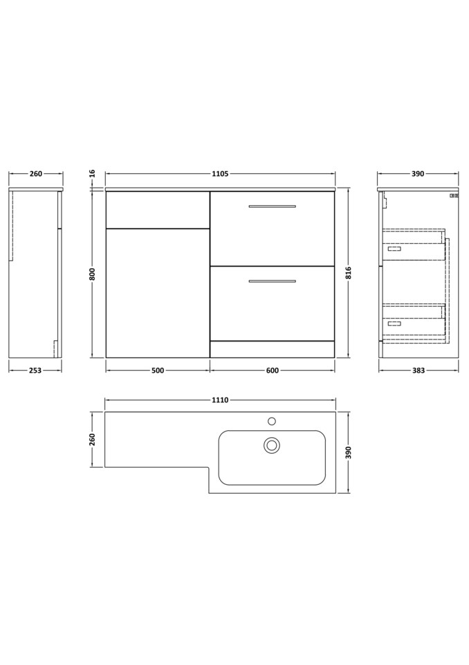 image 1 of Balterley Bramshall Contemporary Floor Standing 2 Drawer Vanity Basin WC Combination Unit, Carrera Marble Stone Basin, Right Hand, 1100mm, Satin Dark