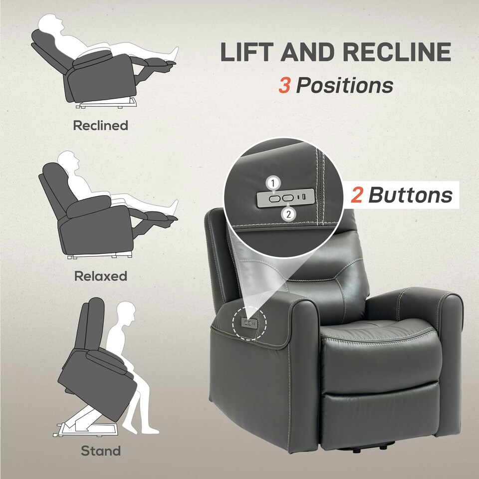 image 1 of HOMCOM Overstuffed Riser and Reclining Chair with USB Ports, Remote, Grey Grey