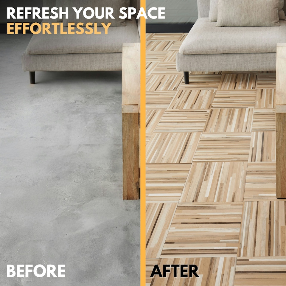 image 1 of NOVECRAFTO Vinyl Floor Tiles Self Adhesive – 12x12in Peel and Stick Flooring for Kitchen, Bathroom & Living Room – Beige Brown Wooden Stripes Design Brown | 2.79 sqm