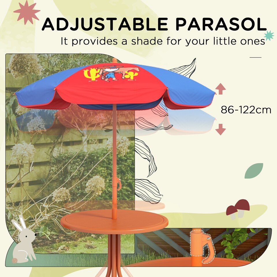 image 1 of Outsunny Kids Bistro Table and Chair Set w Cowboy Theme, Adjustable Parasol