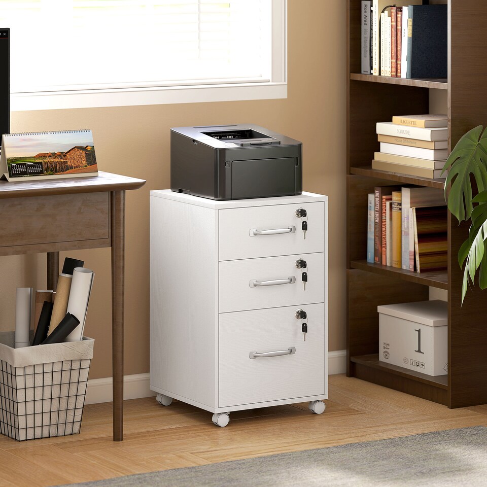 image 1 of HOMCOM Mobile Filing Cabinet with 3 Drawers and Wheels, Lockable Rolling Under Desk Drawers for A4 and Letter Sized Hanging File Holders, Printer Stand for Home Office, White | White | White