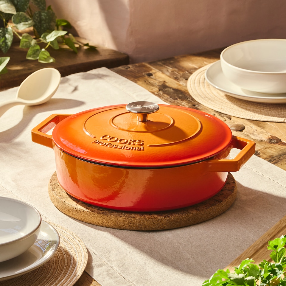 image 1 of Cooks Professional Cast Iron Casserole Dish 28cm - Ovenproof Pan with Lid | Orange | Orange