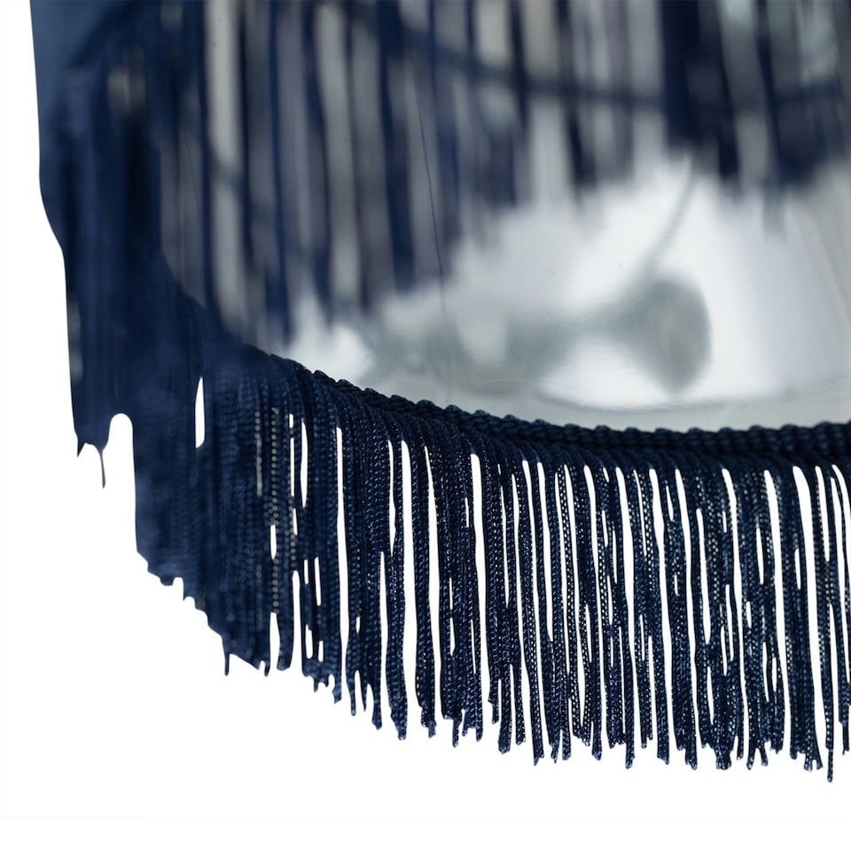 image 1 of First Choice Lighting Set of 2 Tassel Navy Blue Velvet with Chrome Inner Easy Fit 25cm Pendant Shades Blue | Chrome