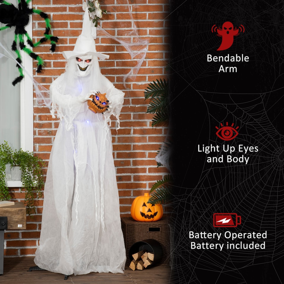 image 1 of Outsunny 74 Inch Halloween Decorations White Witch Holding Pumpkin Head, Standing Skeleton Ghost Prop Life Size with Light Up Eyes and Body