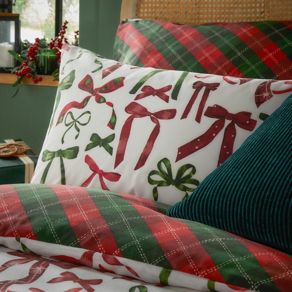 image 1 of furn. Nathalie Festive Bows Printed Super King Duvet Set Green | Super King