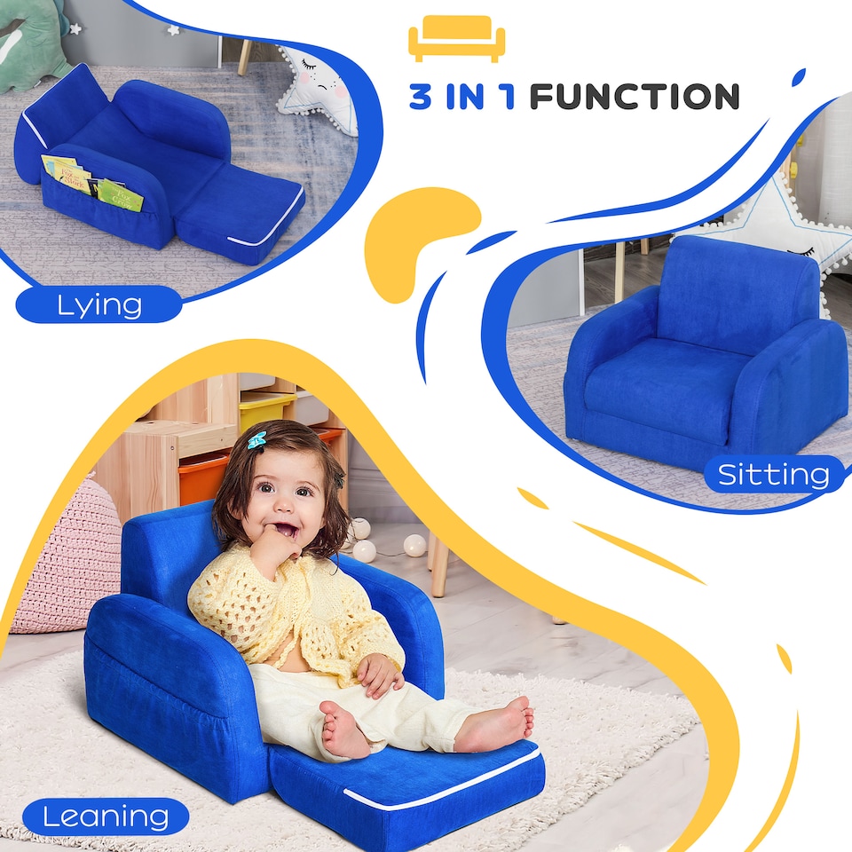 image 1 of HOMCOM 2 In 1 Kids Sofa Chair Bed Folding Couch Flannel Foam for 3-4 years | Blue | One Size