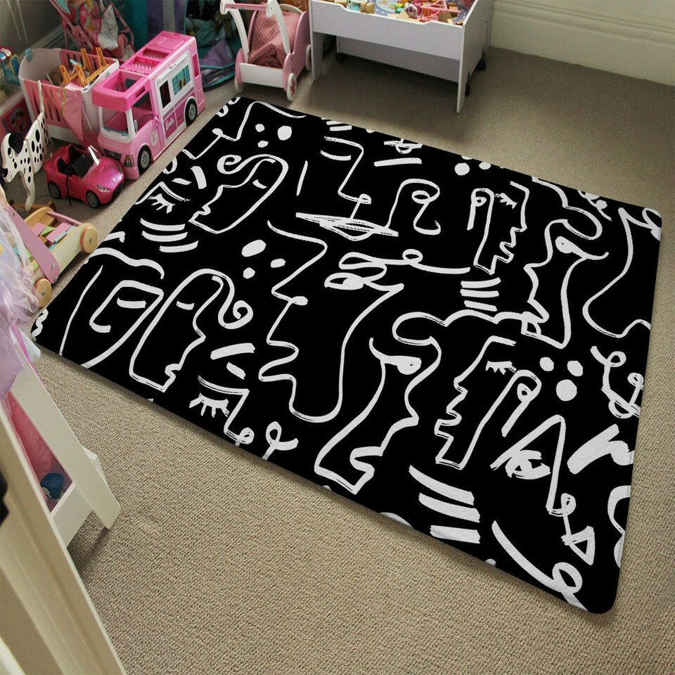 image 1 of Faces, Masks and Geometric Shapes Repeating (Rug) Black | M