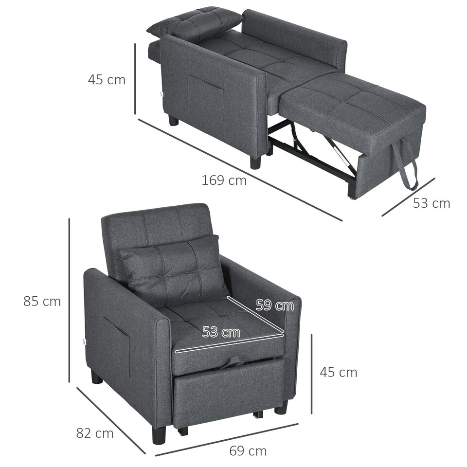 HOMCOM Pull Out Sleeper Chair Bed with Pillow, Grey