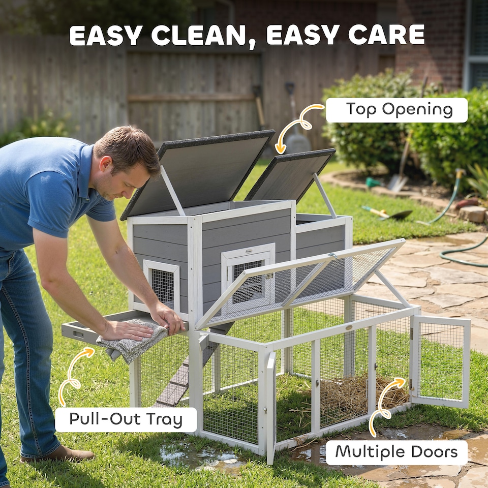 image 1 of PawHut Wooden Rabbit Hutch, Outdoor Bunny Cage with Waterproof Roof | Grey | Grey, Black, White | 97 x 75.5 x 90 cm