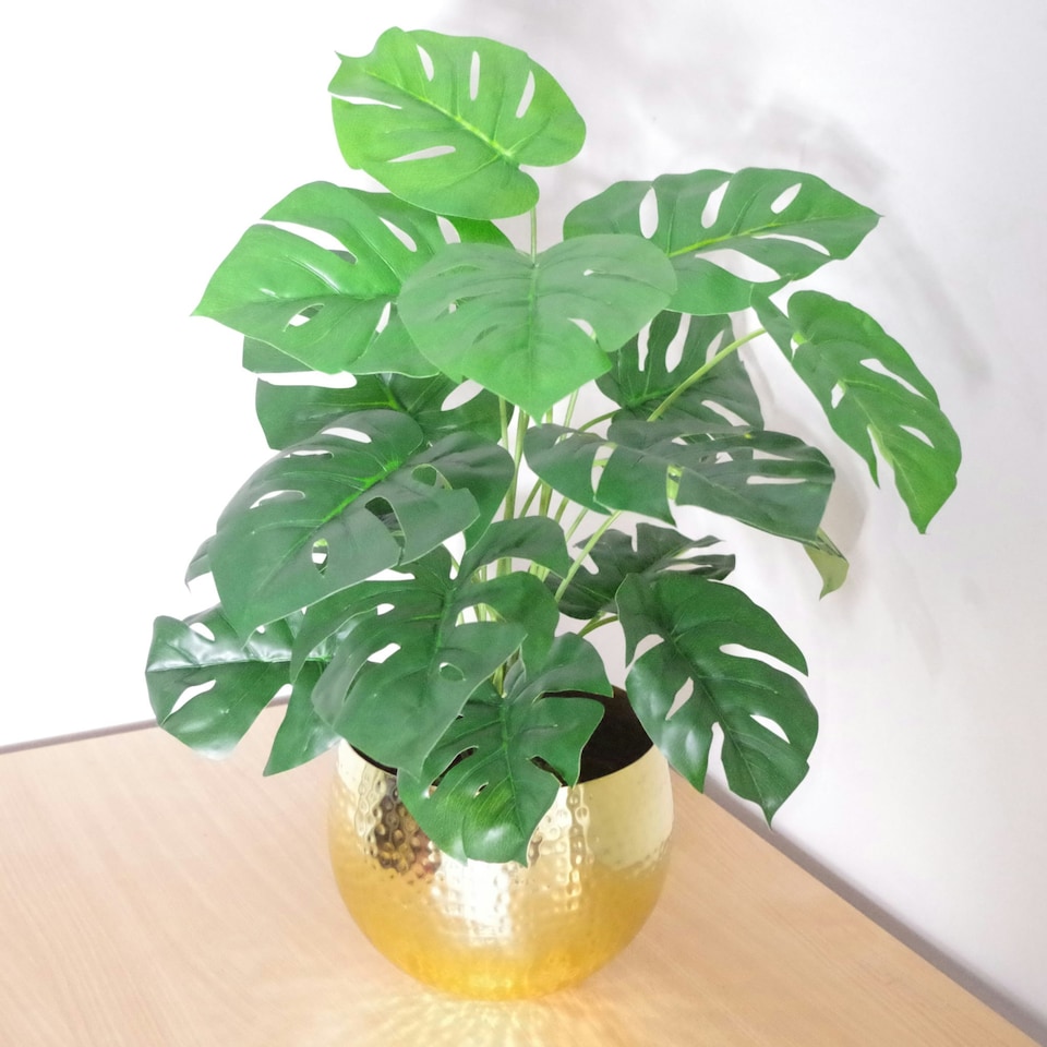 image 1 of 60cm Artificial Monstera Plant with Golden Metal Planter Included