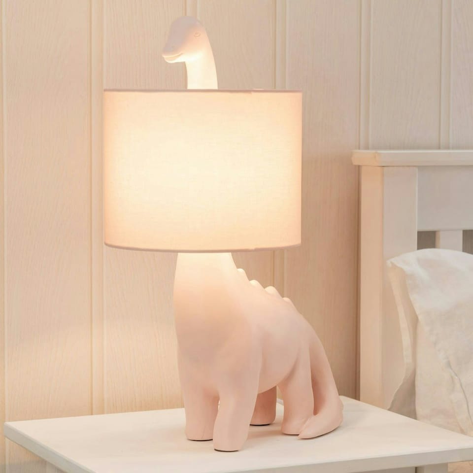 image 1 of ValueLights Kids Pink Dinosaur Table Lamp with Drum Shade