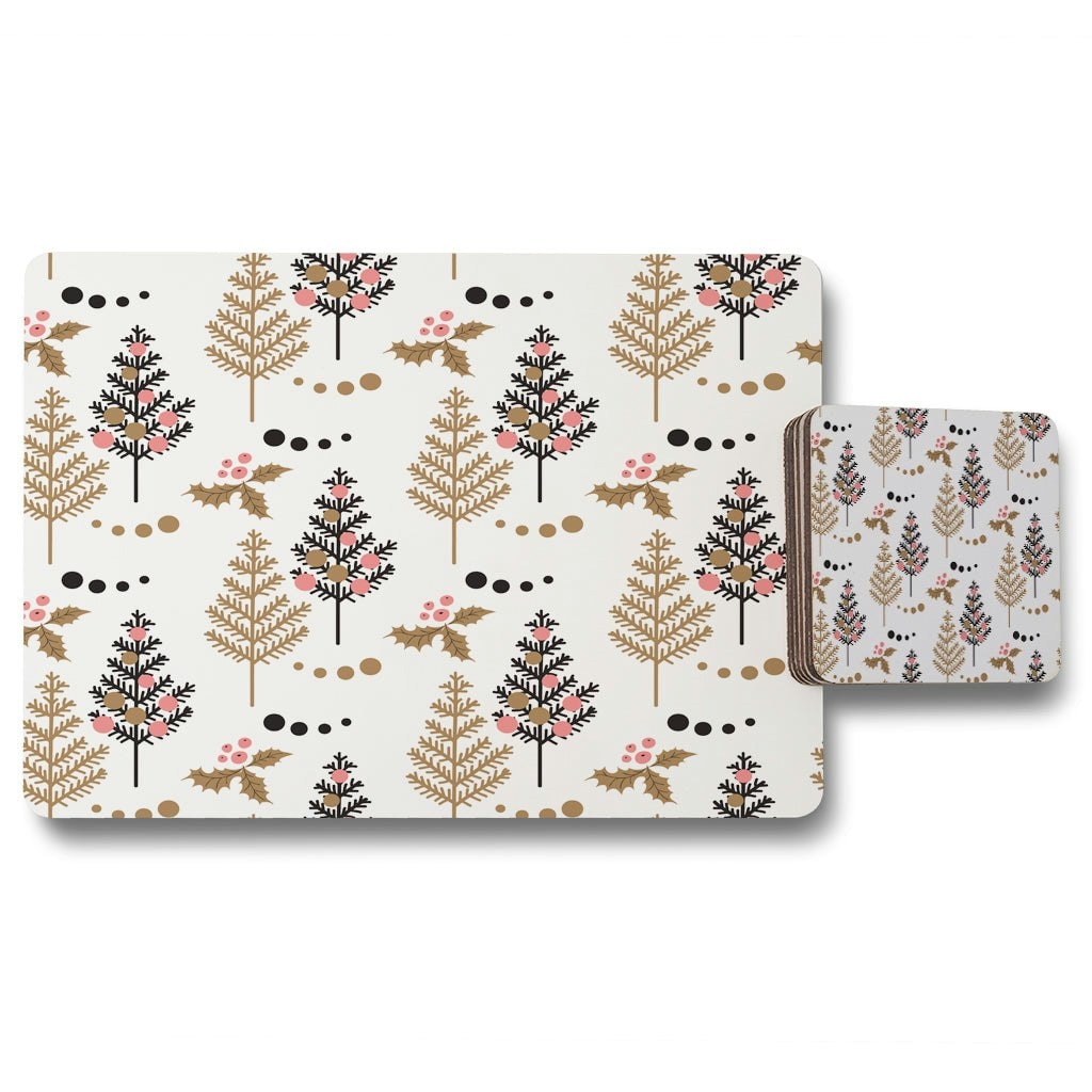 Christmas Tree, Holly leaf pattern (Placemat & Coaster Set)