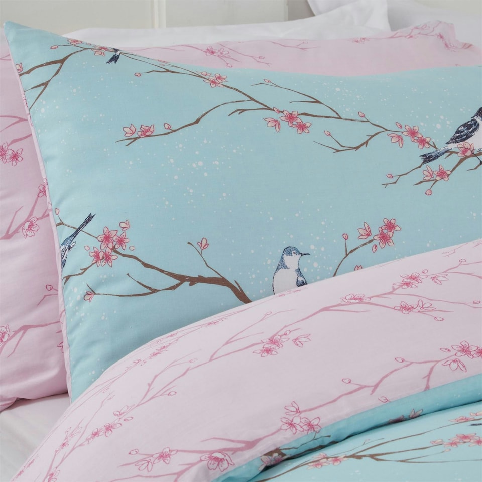 image 1 of OHS Blossom Bird Duvet Cover and Pillowcase Set, Double - Duck Egg Blue