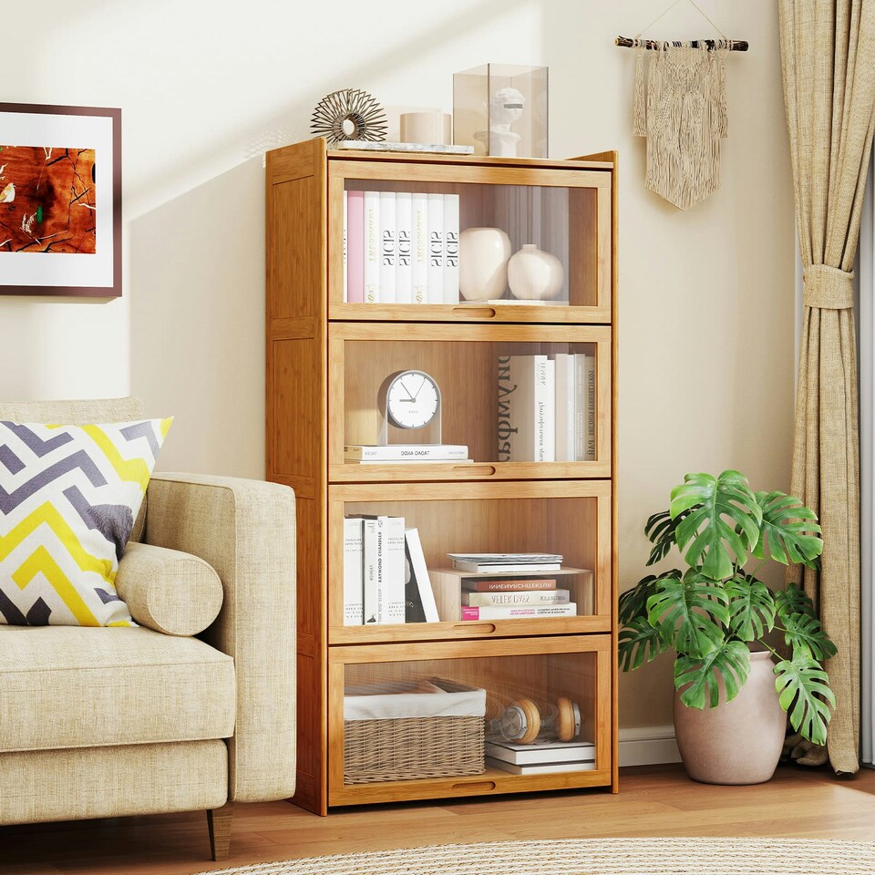 image 1 of COSTWAY 4-Tier Bookcase Bamboo Bookshelf with Doors Natural Brown