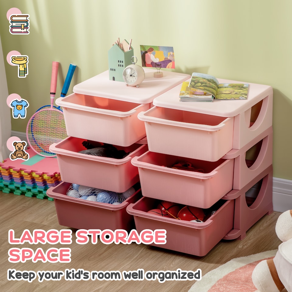 image 1 of HOMCOM Kids Storage Units with Drawers Chest Dresser Tower | Pink | 75 x 37 x 56.5cm