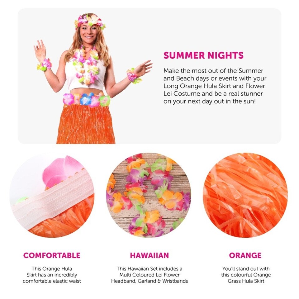 image 1 of Pack of 3 80cm Hawaiian Long Orange Hula Skirt & Lei Orange | One Size