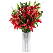 70cm Red Lily Display Silver Glass Vase