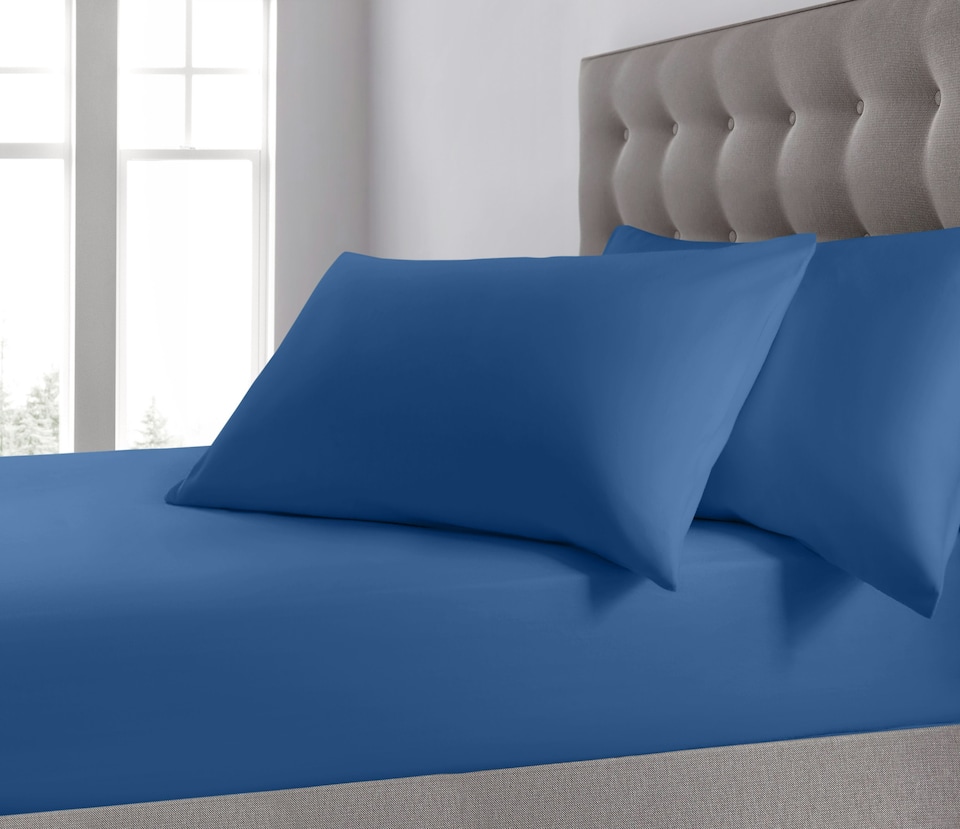 image 1 of Velosso Plain Dyed Cotton Blend Fitted Sheet | Blue | Blue | King