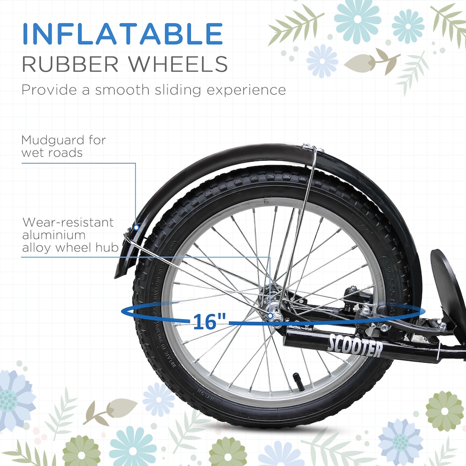 image 1 of HOMCOM Kids Scooter, Kick Stunt Scooter with Adjustable Handlebar, Dual Brakes, Basket, Cupholder, Mudguard, 16" Inflatable Rubber Wheels, for 5-12 years, Blue | Blue