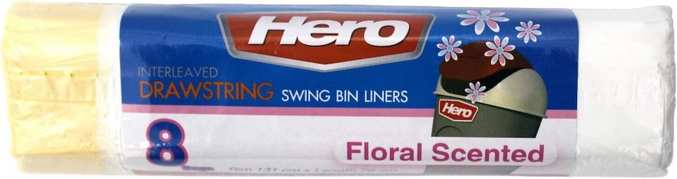 image 1 of Hero 60L Floral Scented Drawstring Bin Liners – Strong Tear Resistant White Refuse Sacks | Easy Dispense Roll of 8 for Home, Office & Commercial Use