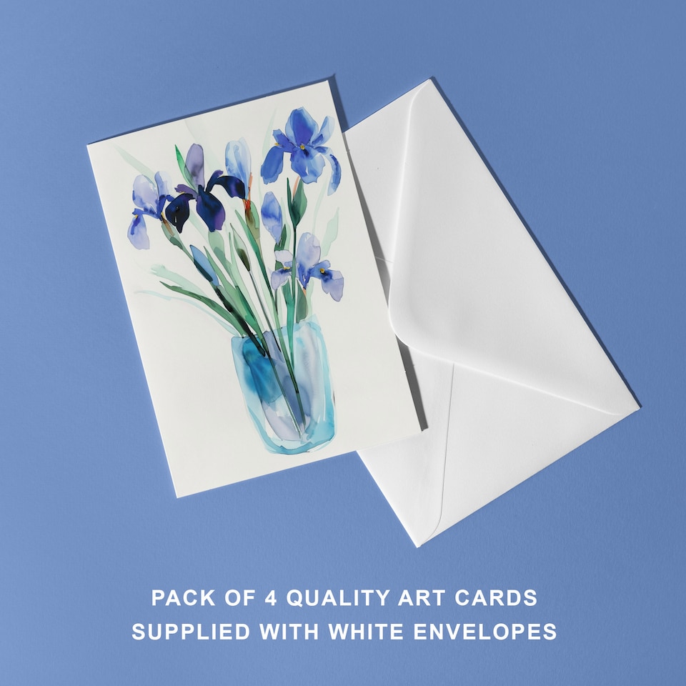 image 1 of Blue Iris Flowers Watercolour Art Cards Pack of 4 Floral Bouquet Greeting Cards