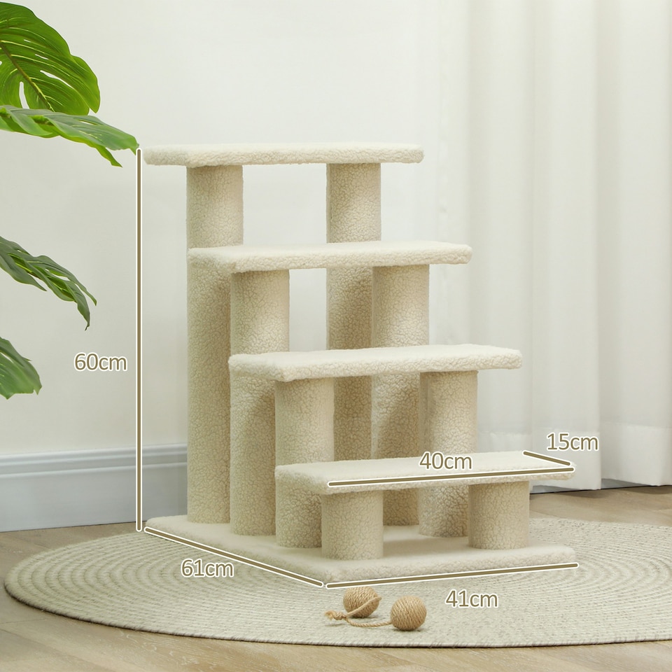 image 1 of PawHut Dog Steps for Bed 4 Step Pet Stairs for Dog Cat Climb Ladder Cream