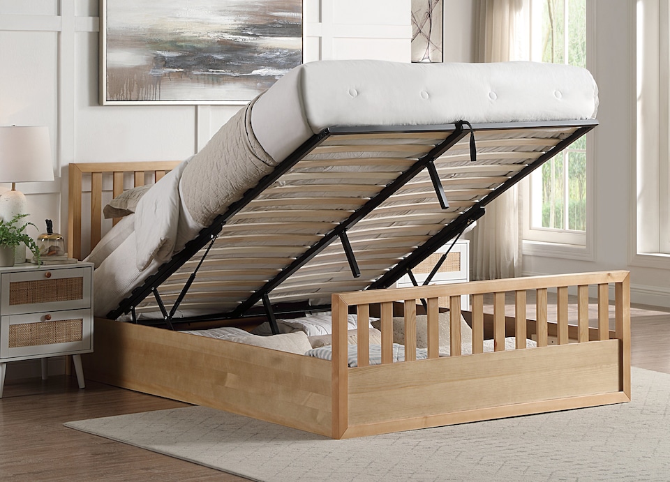 image 1 of 4ft6 Double Oak Finish Wood Wooden Ottoman Gas Lift Up Storage Bed Frame Bedstead | Clear | Oak Finish | Double