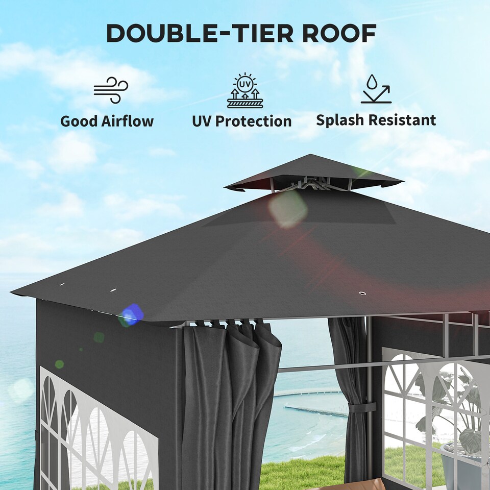 image 1 of Outsunny 3 x 3 m Garden Gazebo, Double Roof Metal Gazebo with Removable Sidewalls and Church Windows, Outdoor Canopy Shelter, Dark Grey