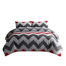 Duvet Cover And Pillowcase Set Grey And Red Zig Zag Reversible Print Design Polycotton Bed Linen | Grey | Single