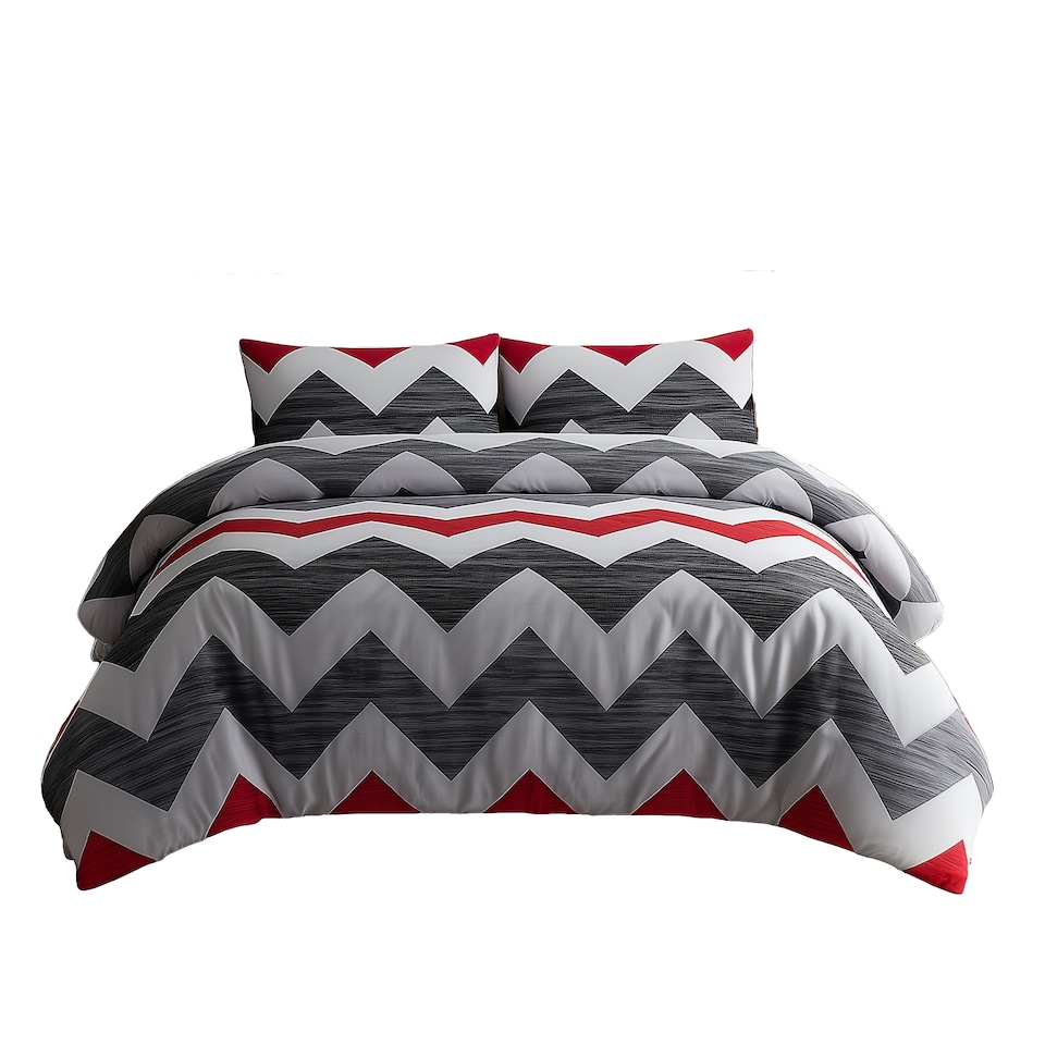 Duvet Cover And Pillowcase Set Grey And Red Zig Zag Reversible Print Design Polycotton Bed Linen | Grey | Single