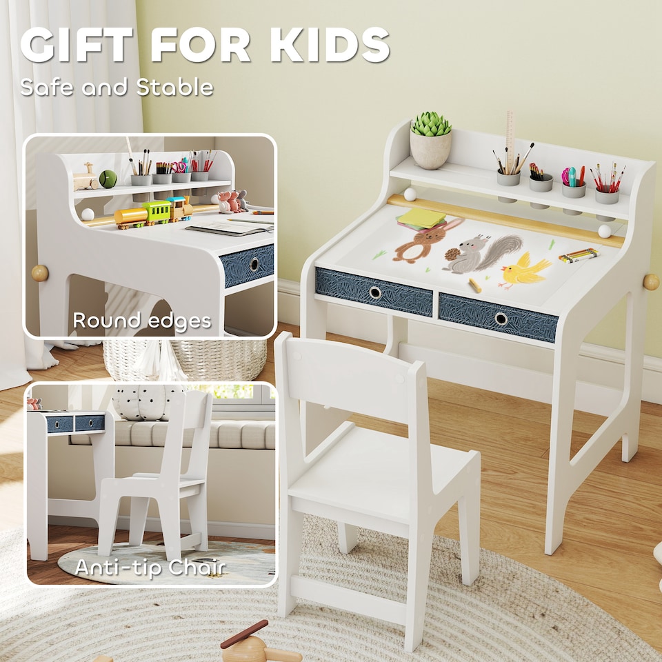 image 1 of AIYAPLAY Kids Desk and Chair Set, Art Table and Chair Set for children with Hutch & Drawers, Gift for Aged 3-8, Student Study Writing Table for Home School Bedroom Playroom