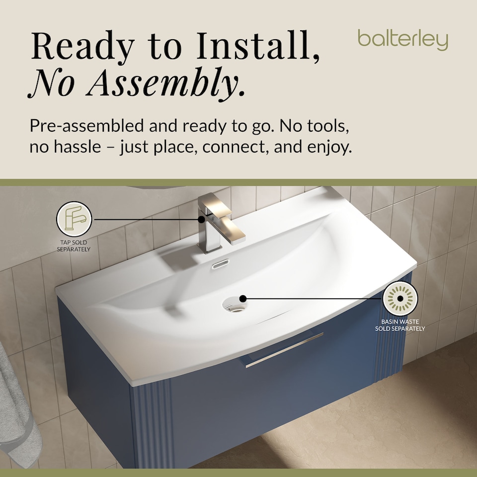 image 1 of Balterley Partial Fluted 1 Drawer Wall Hung Vanity Unit with 1 Tap Hole Curved Basin | Blue | Satin Blue