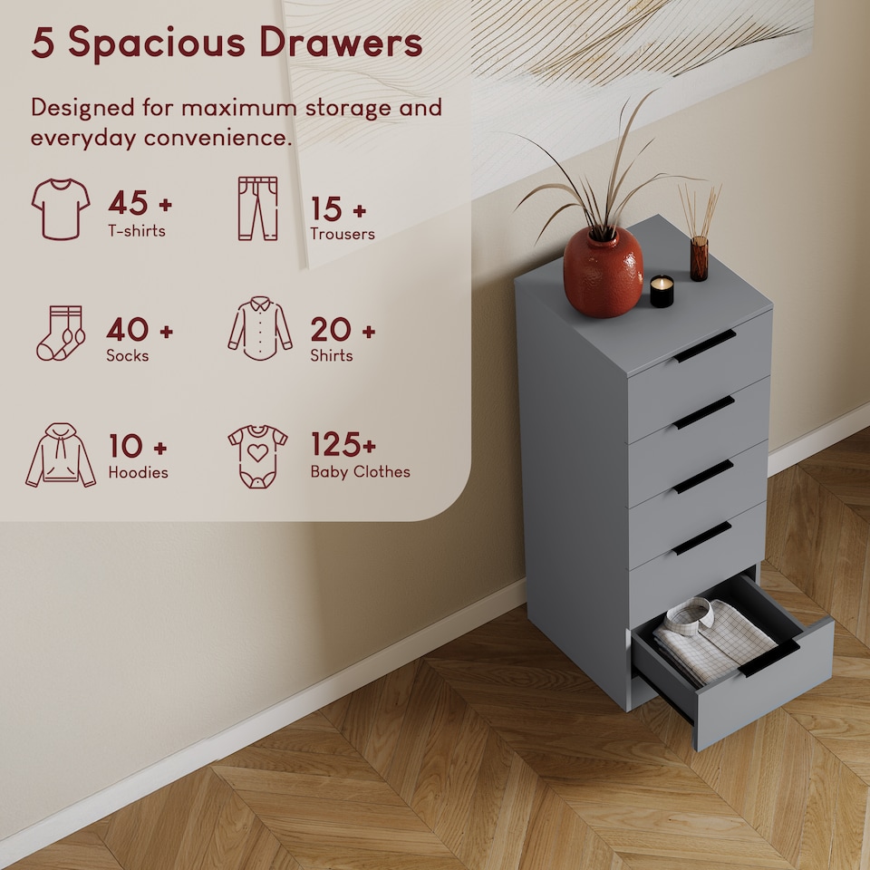 image 1 of Vida Designs Trega 5 Drawer Tall Narrow Chest of Drawers Bedroom Storage Unit - Grey
