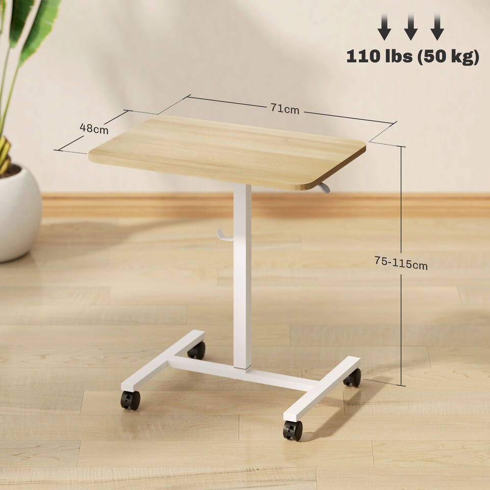 image 1 of HOMCOM Height Adjustable Standing Desk, Pneumatic Sit Stand Desk for Laptop, Mobile Overbed Table with Wheels and Headphone Hook for Home Office, Natural Wood Finish
