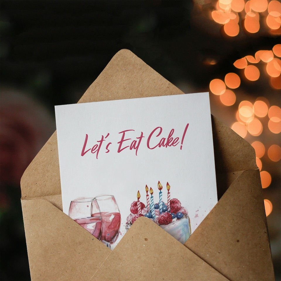 image 1 of Let's Eat Cake Fruit Wine Flowers Watercolour Her Birthday Card