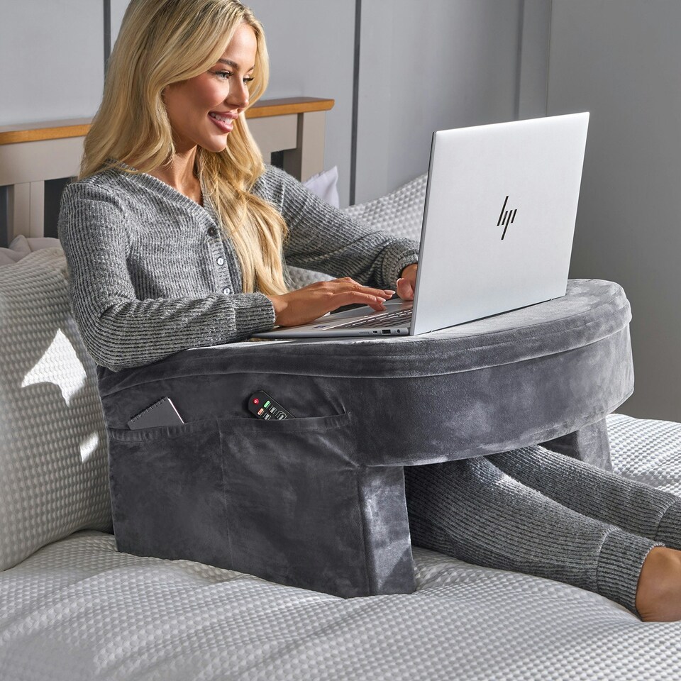 image 1 of OHS Soft Comfy Armrest Reading Laptop Gaming Bed Desk Lap Pillow With Storage Pockets Grey | 65 x 56 x 34cm