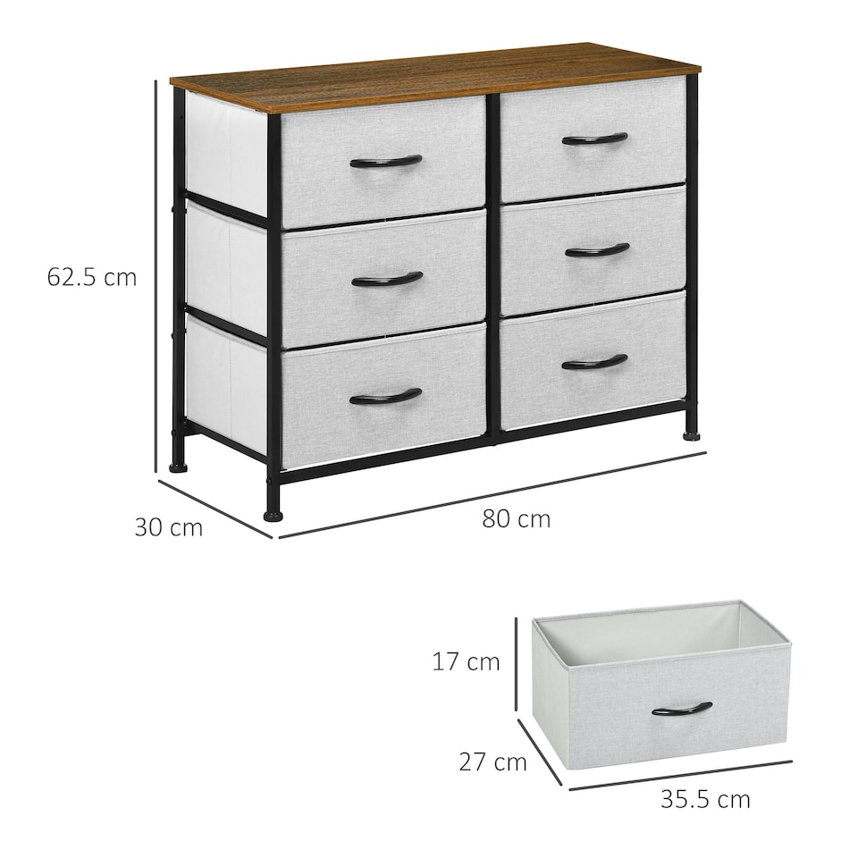 image 1 of HOMCOM 6 Drawer Fabric Chest of Drawers w/ Wooden Top for Hallway Grey