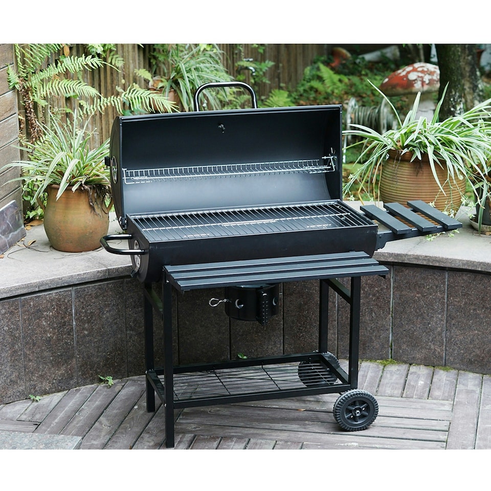 image 1 of Large Charcoal Oil Drum BBQ Grill Portable Barrel Barbecue With Lid Wheels Side Table